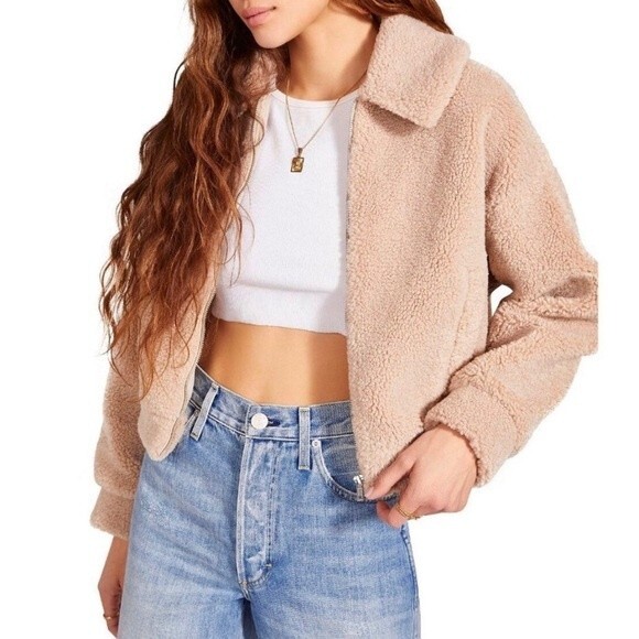 BB Dakota Steve Madden Teddy To Go Coat Jacket Faux Shearling Neutral Tan L - Picture 1 of 10